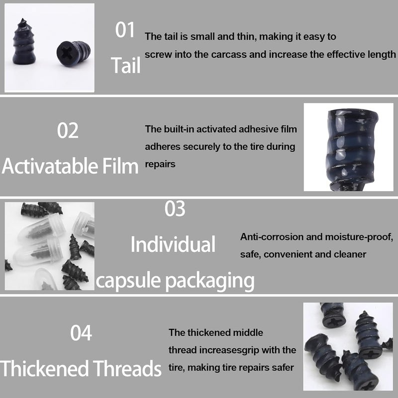 DICSINM Tire Repair Rubber Nail, Vacuum Tire Repair Kits Spiral Rubber Nails, Self-Service Car Wheel Puncture Repair Screws for car, Motorcycle, Truck, Tractor Tire Puncture Repair(10S & 10L With screwdriver) - Image 5